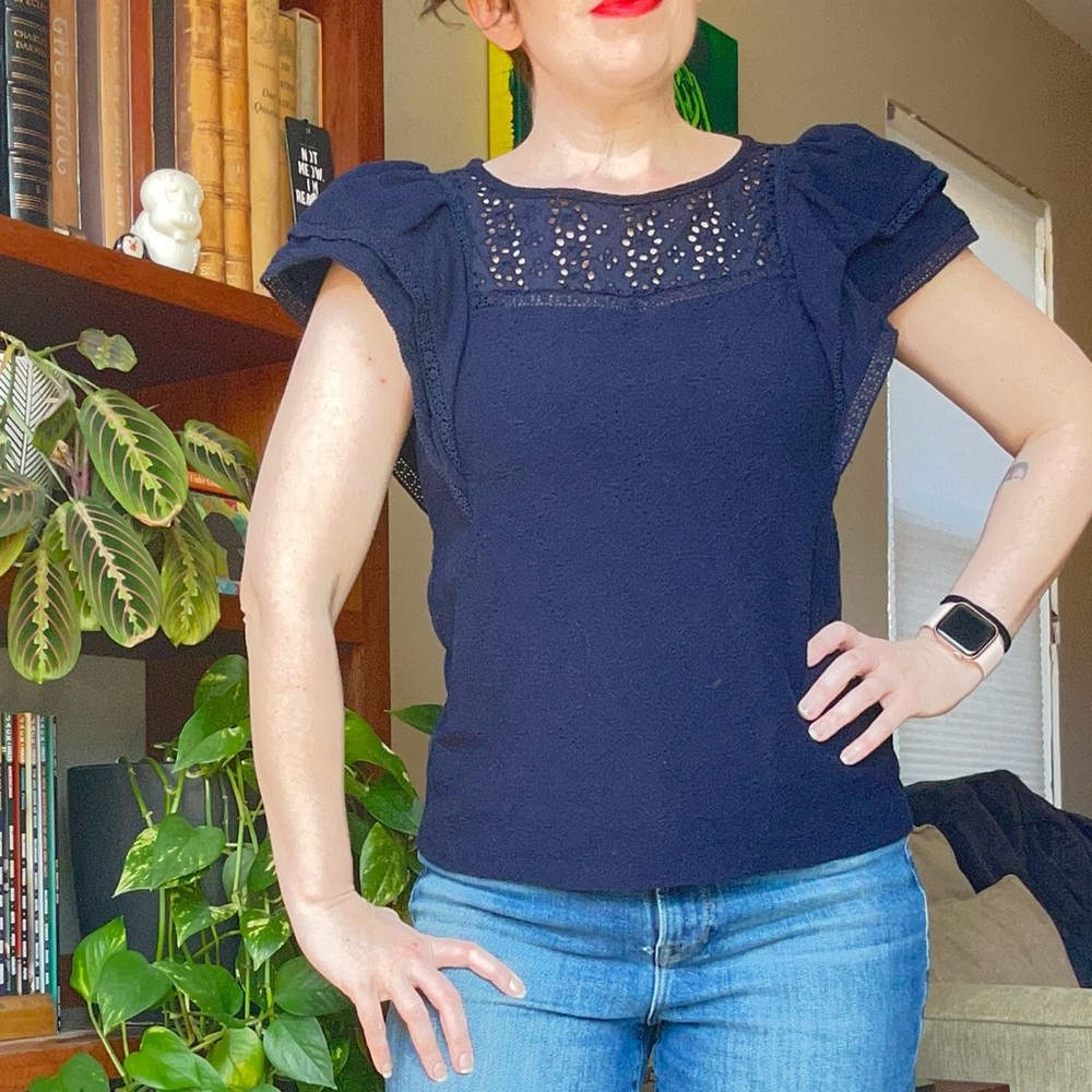 Loft Petite Navy Top with laser cut style lace top and puff sleeves